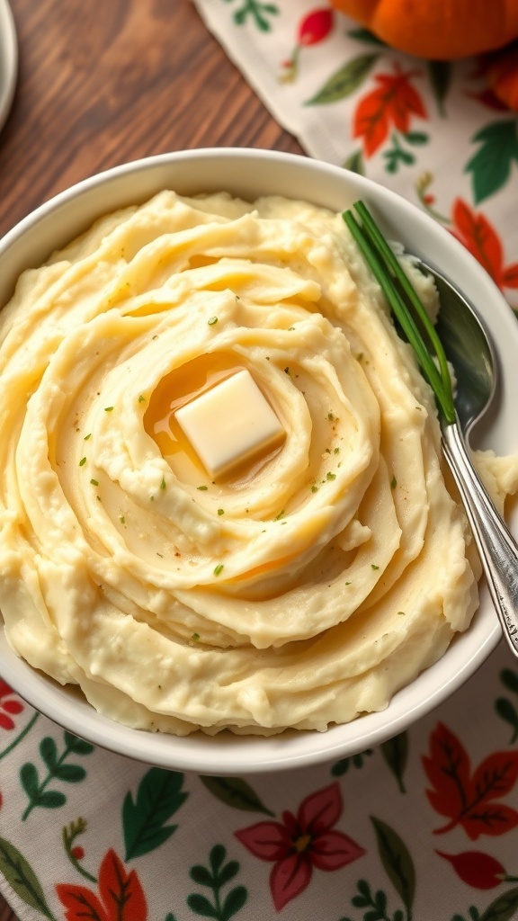 A large bowl of creamy mashed potatoes with butter and chives on a rustic table.